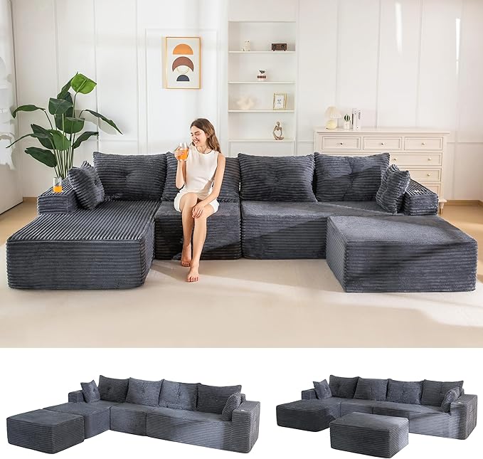 MAXYOYO 132" Giant U-Shaped Modular Sectional Couch, Modern Boneless Couch for Living Room, Sofa in A Box, Oversized Sofa Sleeper with Deep Seat, No Assembly Required, Dark Grey