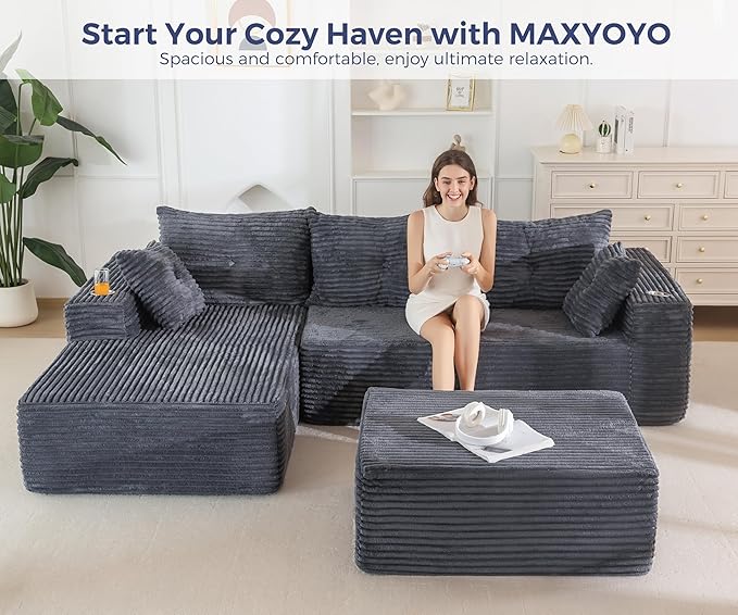 MAXYOYO 104" U-Shaped Modular Sectional Couch, Modern Boneless Couch for Living Room, Sofa in A Box, Oversized Sofa Sleeper with Deep Seat, No Assembly Required, Dark Grey