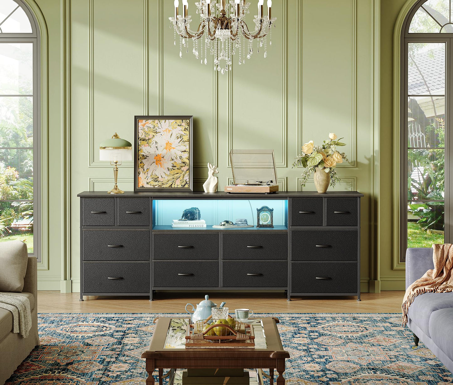 Huuger 63 Inch Dresser TV Stand with LED Lights, Power Outlets and USB-C Port, 12 Fabric Drawer Dresser for Bedroom, Wide Entertainment Center for 65, 70 Inch TV, Open Shelf, Black