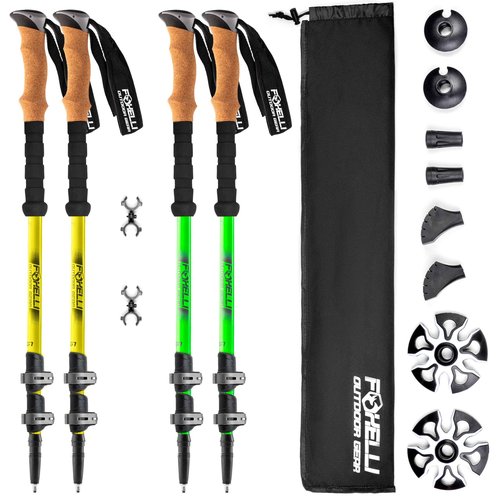 Foxelli Hiking Poles Bundle (2 Pairs) – Yellow & Neon Green Collapsible Lightweight Aircraft-Grade Aluminum Trekking Poles with Accessories
