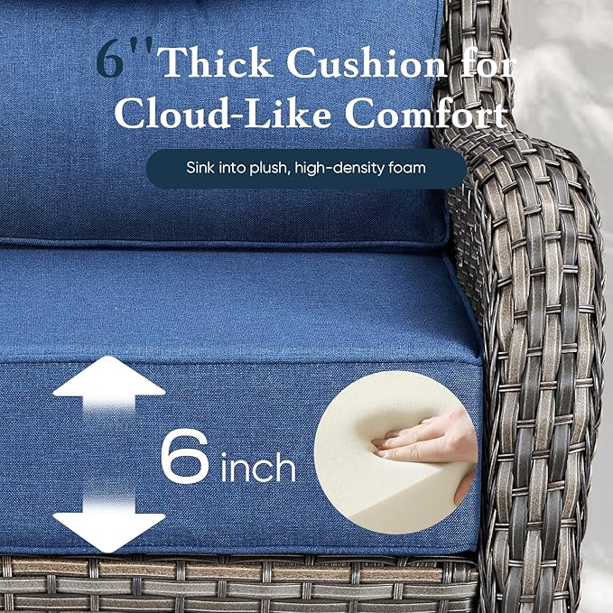 Belord Luxury 6" Thick Cushioned Outdoor Swivel Rocker Patio Chairs with Side Table, High Back Wicker Furniture Set with Ergonomic Zone Back, Conversation Glider Set for Deck Porch - Grey+Blue