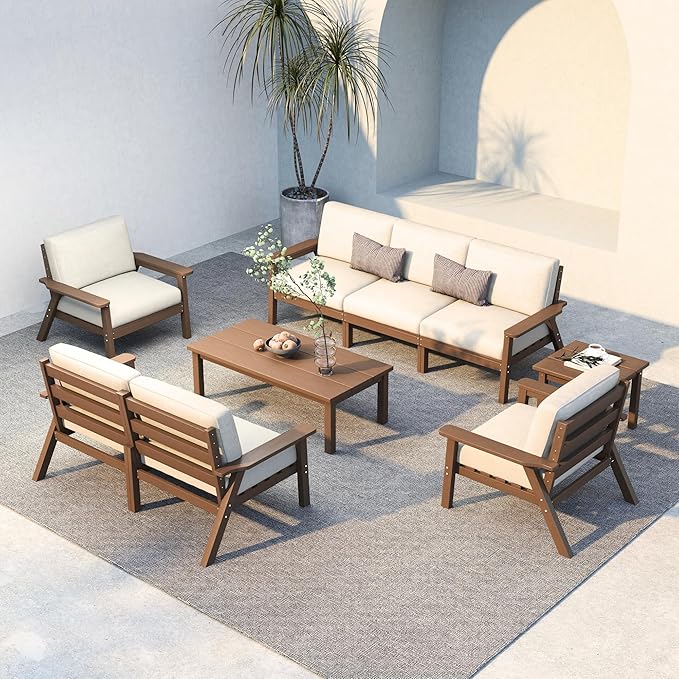 Patio Kingdom HDPE 7 Piece Patio Furniture Set, HDPE Outdoor Sectional with with Beige Thick Cushions, Coffee Table and Side Table, Patio Conversation Sets for Lawn, Garden, Porch (Brown Frame)