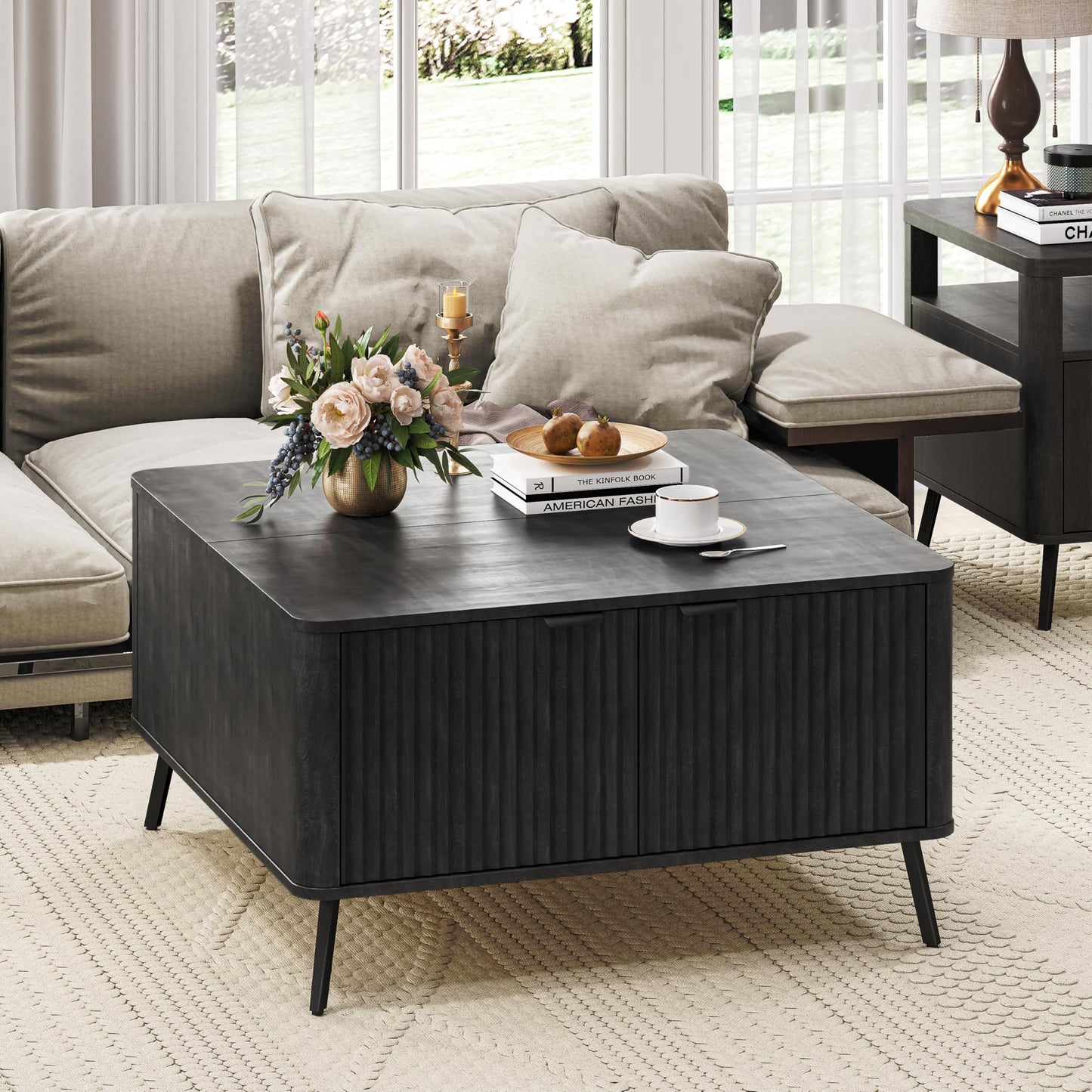 Fatmok Lift Top Coffee Table for Living Room, 35.4" Square Black Coffee Table with Storage Large, Mid Century Modern Rustic Wood Fluted Center Table with Large Hidden Storage Compartment