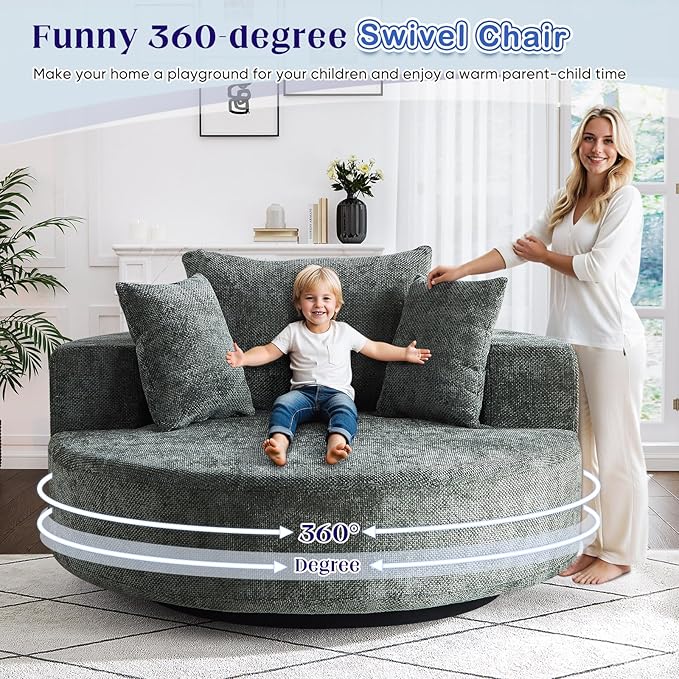 Oversized Round Swivel Chaise Longue Chair Indoor, Modern 55-inch 360 Degree Swivel Upholstered Waffle Chenille Deep Seat Circle Single Cloud Sofa Chair for Living Room Bedroom Apartment Office, Green