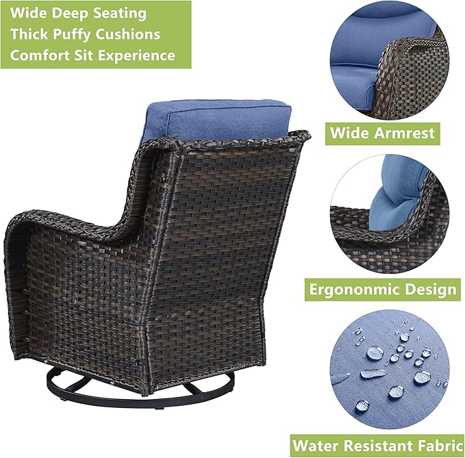 Rilyson Wicker Rocking Chair Swivel Chairs - 2 Piece Rocker Patio Chairs Set Rattan Rocking Chair for Outdoor Porch Deck Garden Backyard (Brown/Blue/Smile)