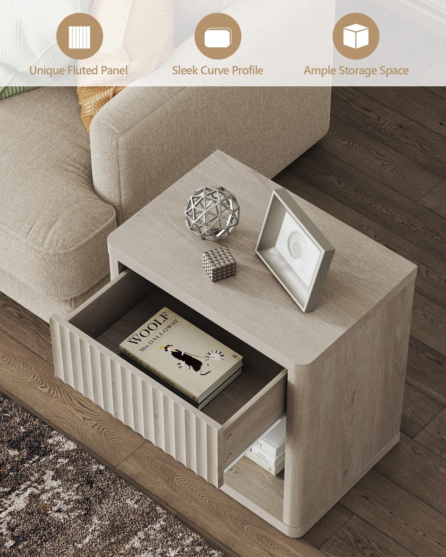 SICOTAS Night Stand Nightstand with Drawer Storage Fluted Bed Side Table End Table Large Modern Wide Bedside Stand Mid Century Night Stands for Bedroom Living Room Sofa Couch Home Office, White Alder