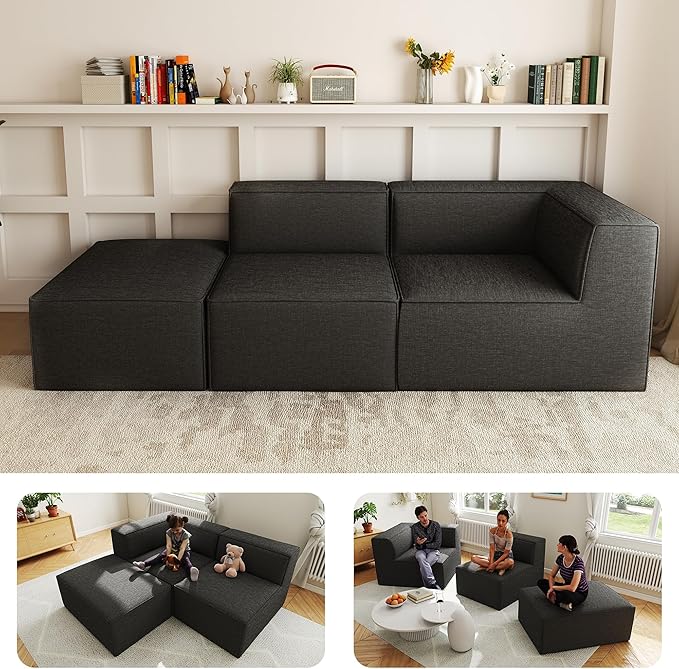 KOBY HOME 106" Sectional Compressed Sofa Modular Couches,High-Density Foam No Assembly Required,3-Piece(1xCorner 1xArmless 1xOttoman) for Living Room, Chenille Dark Gery