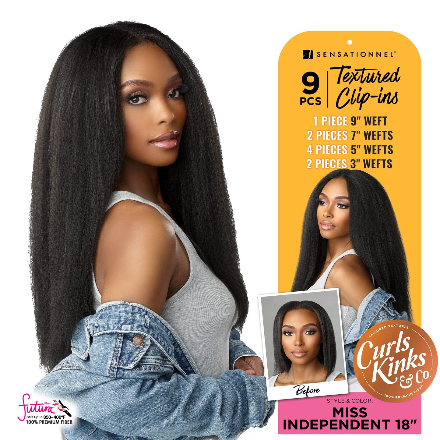 Sensationnel Curls Kinksandco Clip In - Miss Independent 18 Inch 9 Piece Pack Easy to Use Clips for Natural 3C to 4C Hair (1 JET