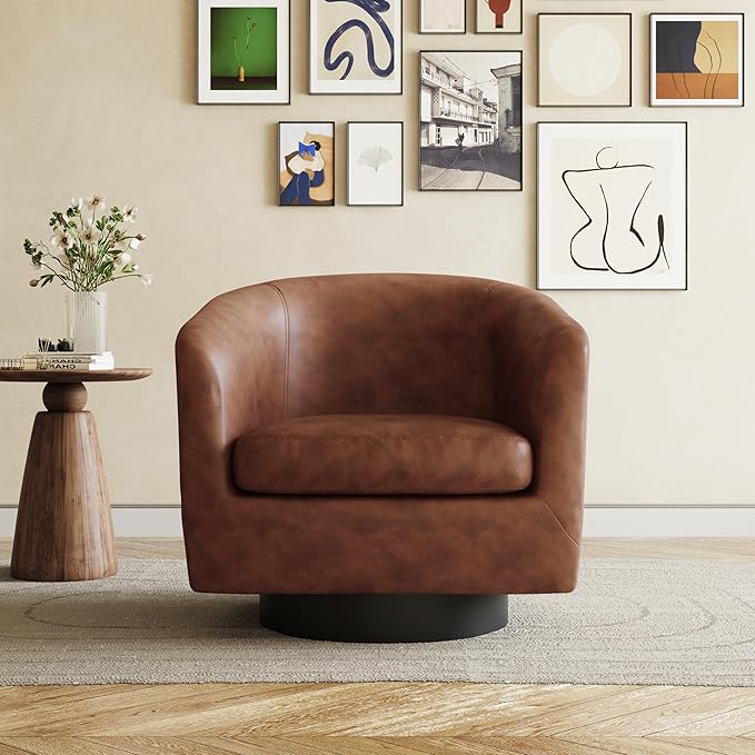 UIXE 360° Swivel Barrel Accent Chair Armchair, PU Leather Round Club Arm Chair for Lving Room, Modern Upholstered Small Bedroom Single Sofa Seat - Coffee Brown, Set of 1