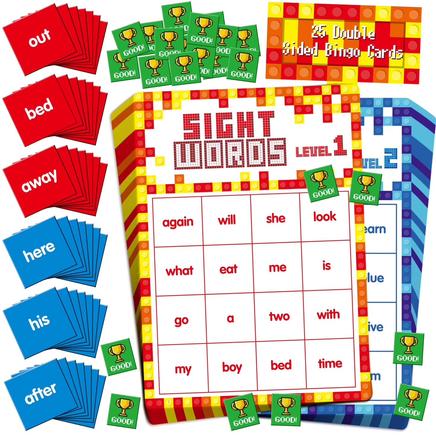 Sight Word Bingo Game, 144 Sight Words Learn to Read Level 1 & Level 2 Bingo Board Game Dolch's & Fry's Words Lists for Kindergarten and Preschool, Grade 1st, 2nd, Kids 4-8 (Up to 25 Players)