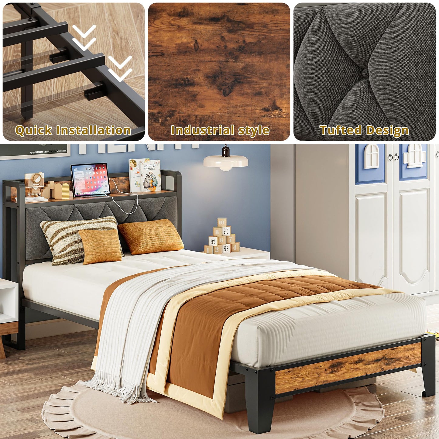 ANCTOR Twin XL Bed Frames, Storage Headboard with Outlets, Easy to Install, Sturdy and Stable, No Noise, No Box Springs Needed - Perfect for a Good Night's Sleep
