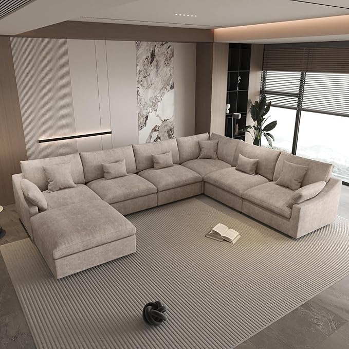 WJShome Cloud Couch for LivingRoom,153" U Shaped Modular Sectional Sofa with Ottoman,Down Filled 7 Seater Convertible Sleeper Sofa Bed Oversized Furniture Sets,Khaki