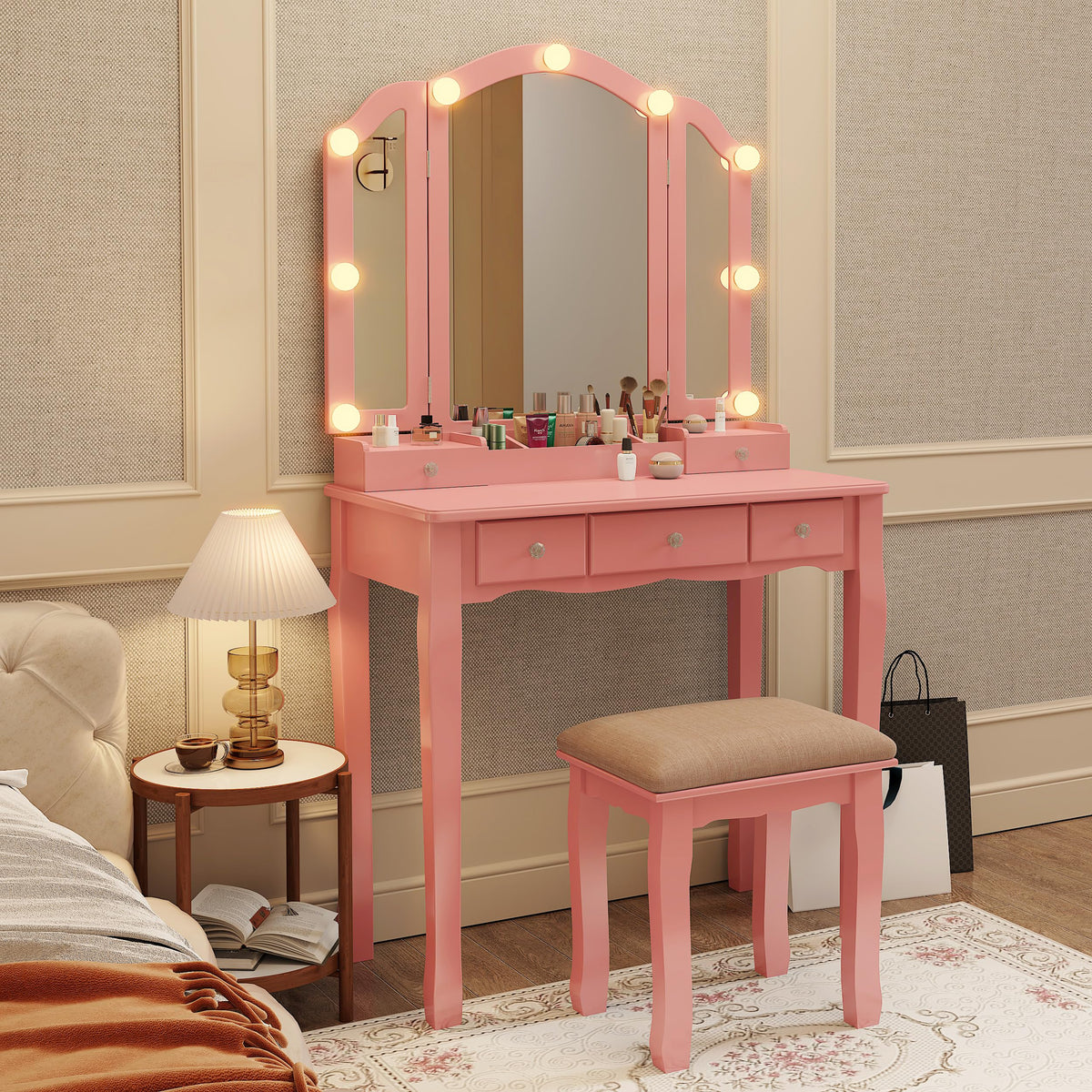 Phonrida Pink Makeup Vanity for Girls Vanity Desk with Mirror and Lights Girls Vanity Desk Vanity with Lights Make Up Vanity Set tocadores para maquillarse con Luces y cajones Vanity Table Set