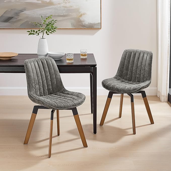 Art Leon Swivel Dining Chairs Set of 2, Mid Century Modern Kitchen Dining Room Chairs, Upholstered Faux Leather Armless Side Chair with Wood Legs for Living Room Bedroom, Gray