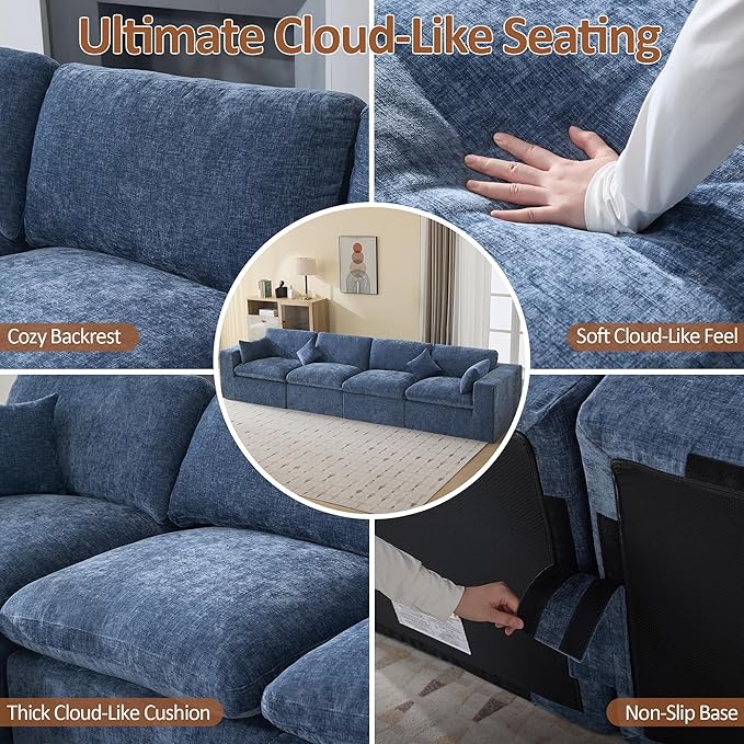 155''Cloud Boneless Sectional Couch, Modular Sectional Sofa Deep Seat, Oversized Upholstered Convertible Comfy 4 Seater Chenille Memory Foam Sofa Couches for Living Room, Blue