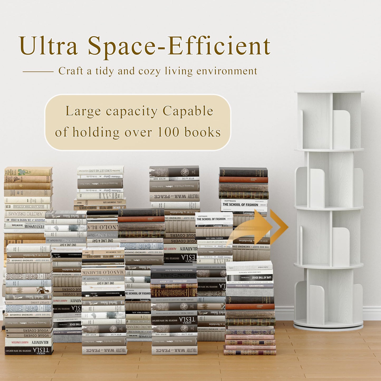 VDNEND Wooden 4 Tier Rotating Bookshelf, Spinning Bookshelf Tower,Modern Revolving Small Bookcase for Corner,Living Room,Bedroom (Embossed White, 4-Tier)