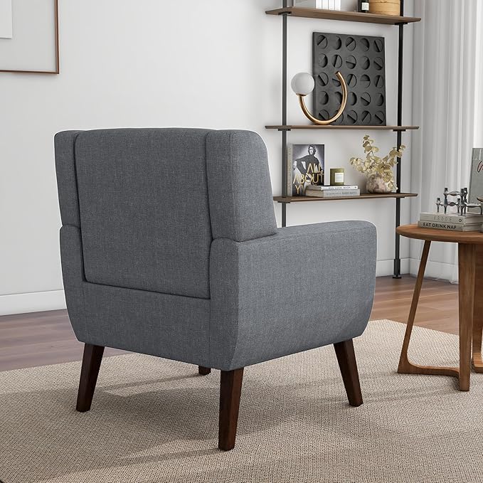 Accent Chair, Mid-Century Modern Fabric Chairs with Arms for Living Room, Comfy Upholstered Club Single Sofa Armchair for Bedroom Waiting Room with Solid Wood Frame (Fabric Grey, Set of 2)