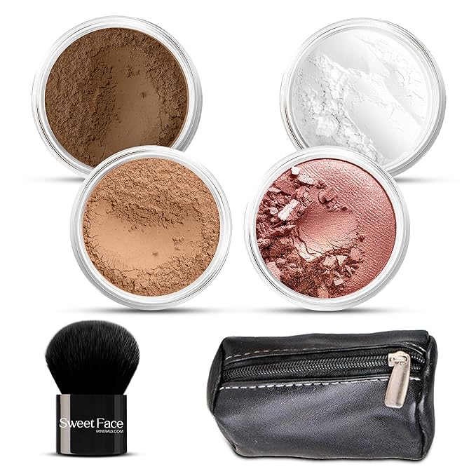 6pc FULL SIZE KIT KABUKI & KABAGGIE Tote Mineral Makeup Set Matte Foundation Bare Face Sheer Powder Cover (Ebony)