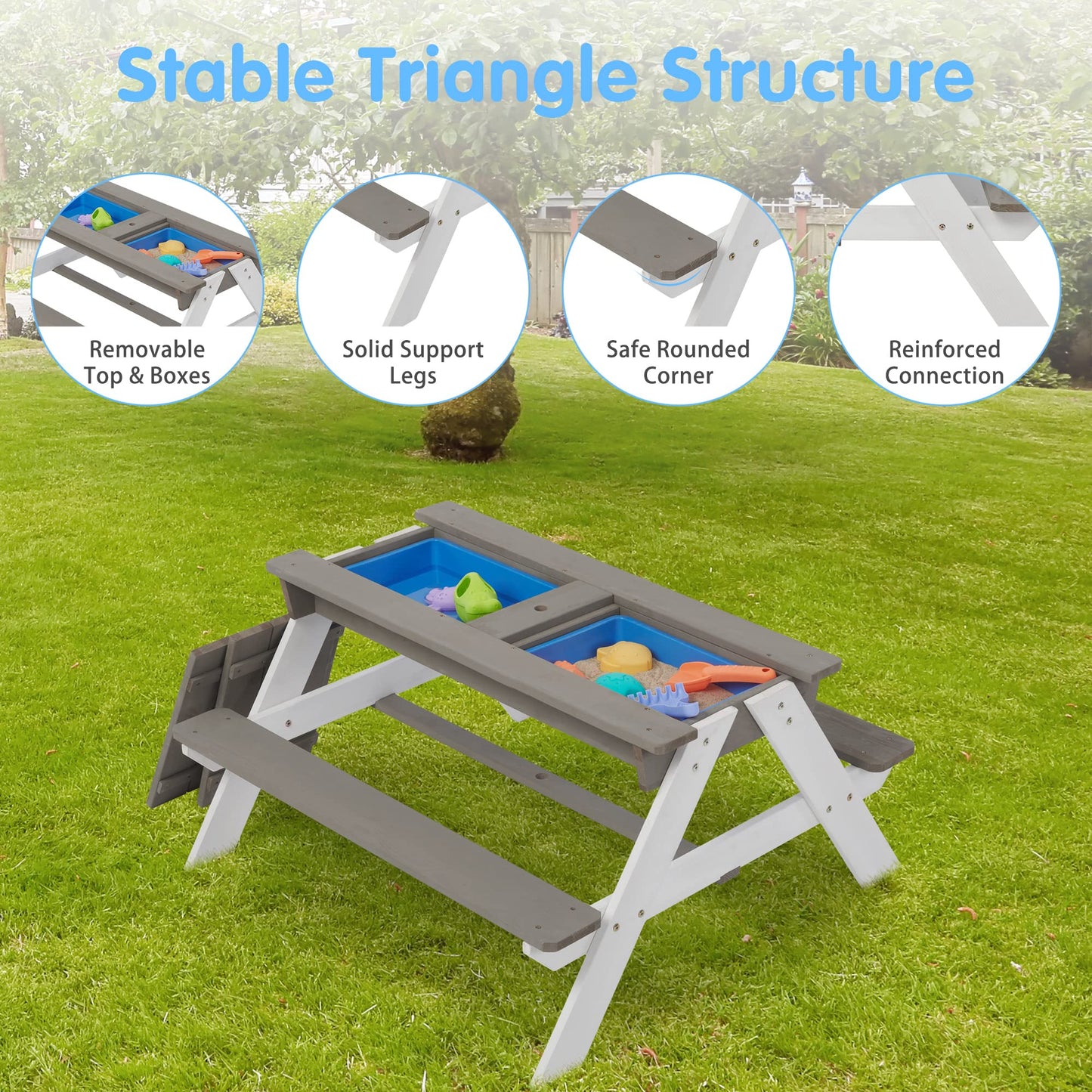 3 in 1 Outdoor Wooden Picnic Table with Umbrella, Convertible Sand Wate, Gray CPSIA Certification