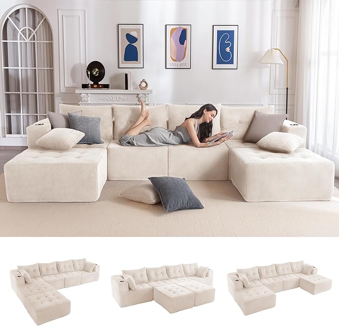 MAXYOYO 129.5" Modular Sectional Sofa Couch, U Shaped Modern Cloud Couch with 2 Ottomans, Sofa in A Box, Tufted 6-Seat Boneless Sleeper Chair for Living Room, No Assembly Required, Beige