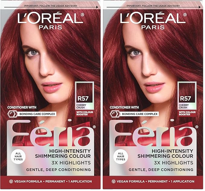 L'Oreal Paris Feria Multi-Faceted Shimmering Permanent Hair Color, R57 Cherry Crush (Intense Medium Auburn), Pack of 2 Hair Dye Kit