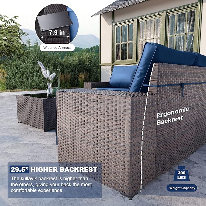 Kullavik Outdoor Patio Furniture Set 6 Pieces Sectional Rattan Sofa Set Brown PE Rattan Wicker Patio Conversation Set with 5 Seat Cushions and 1 Tempered Glass Table,Navy Blue