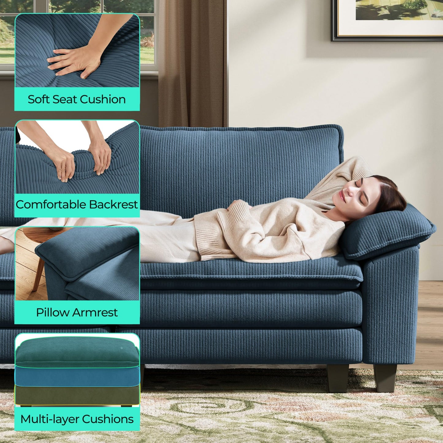 LINSY HOME Modular Sectional Sofa - Oversized Corduroy Cloud Couch with Movable Ottoman Soft Modern Comfy Sofa Set for Living Room Apartment Office, Blue