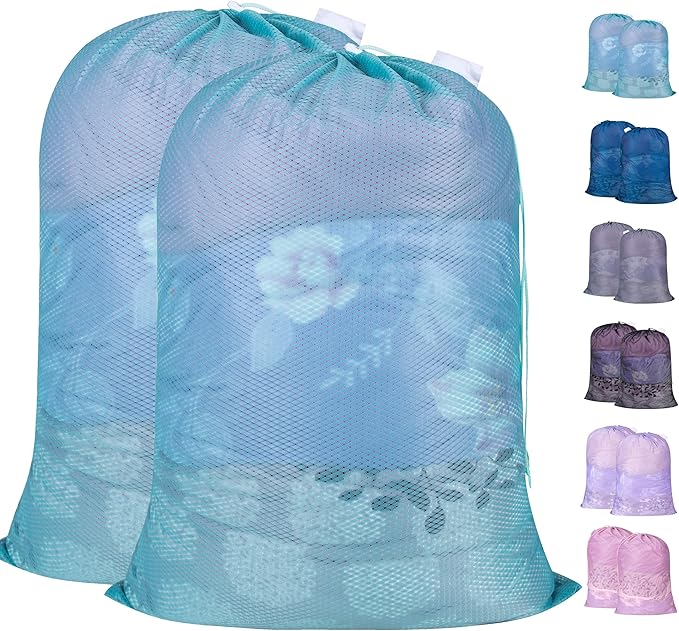 Polecasa Heavy Duty Large Mesh Laundry Bags with ID Tag and Locking Drawstring Closure - 2 Pack, 24 x 36 inches - Laundry Hamper Liner, Washable Laundry Bag for Travel, Sports, Dorms (Aqua)