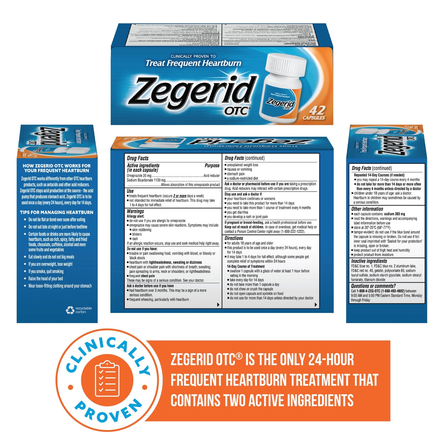 Zegerid OTC, 24-Hour Heartburn Relief, Acid Reflux Medicine and Antacid, Treats Frequent Heartburn, Omeprazole 20mg + Sodium Bicarbonate, Proton Pump Inhibitor (PPI), 42 Capsules