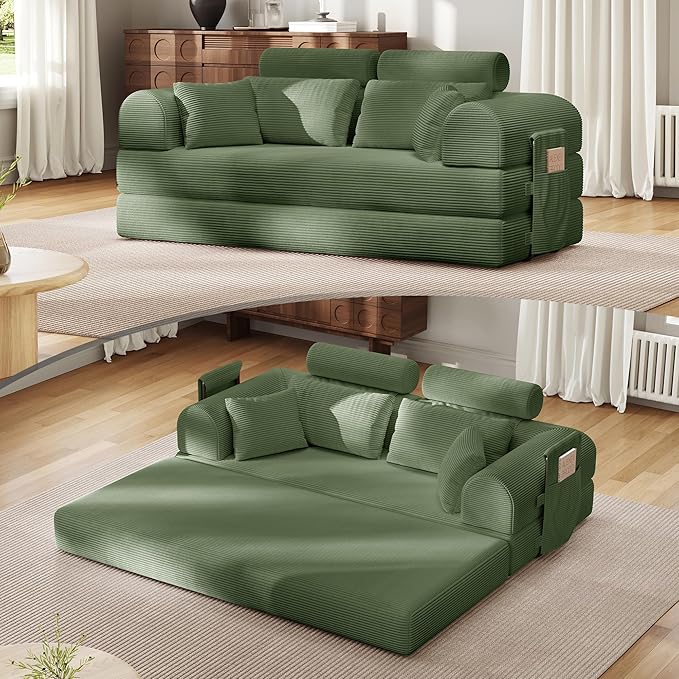 ZQRhome Convertible Folding Couch Bed, Comfy Corduroy Sleeper Floor Sofa Bed with Fixed-Shape Frame, Floor Sofa with Armrest, Lounge Couch for Living Room Bedroom Lounge Studio, High Backrest Green