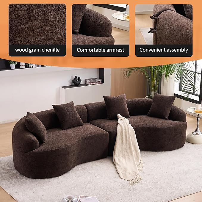 110" Oversized Modern Curved Cloud Sectional Sofa, Luxury Plush Chenille 4-Seater Deep Wide Seat Couch with 4 Pillows, No Assembly Needed Apartment Living Room Furniture, Black