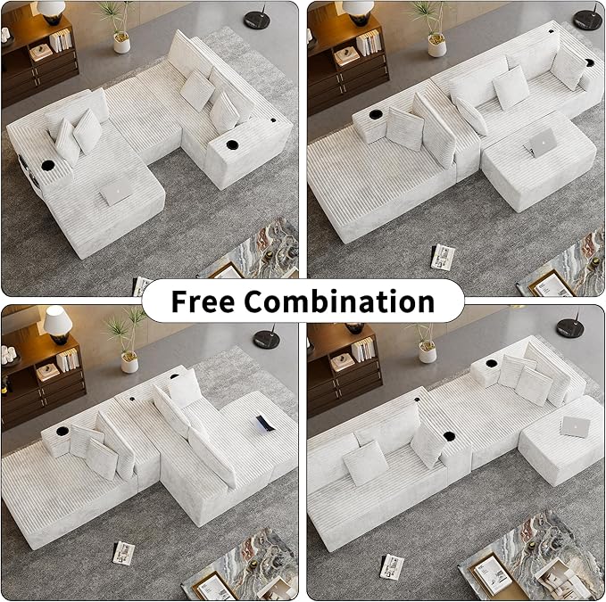 Cibert 104.3" Modular Sectional Sofa with Ottoman, Beige Boneless Couch Left Facing Chaise U Shaped Couches with USB Ports, 2 Cup Holders, 2 Storage Bags & Lint Remover, No Assembly Sectional Couch