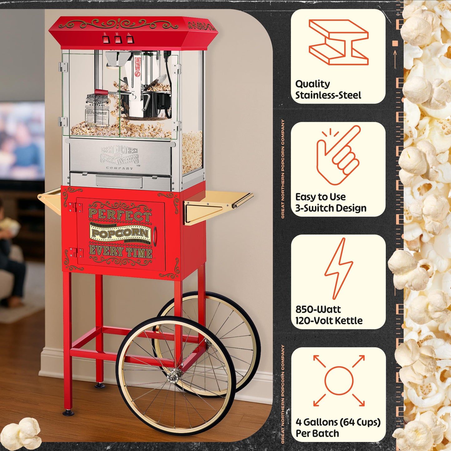 Great Northern Popcorn Company 5995 10 oz. Perfect Popper Popcorn Machine with Cart - Red (5995 GNP Red 10oz. Full)