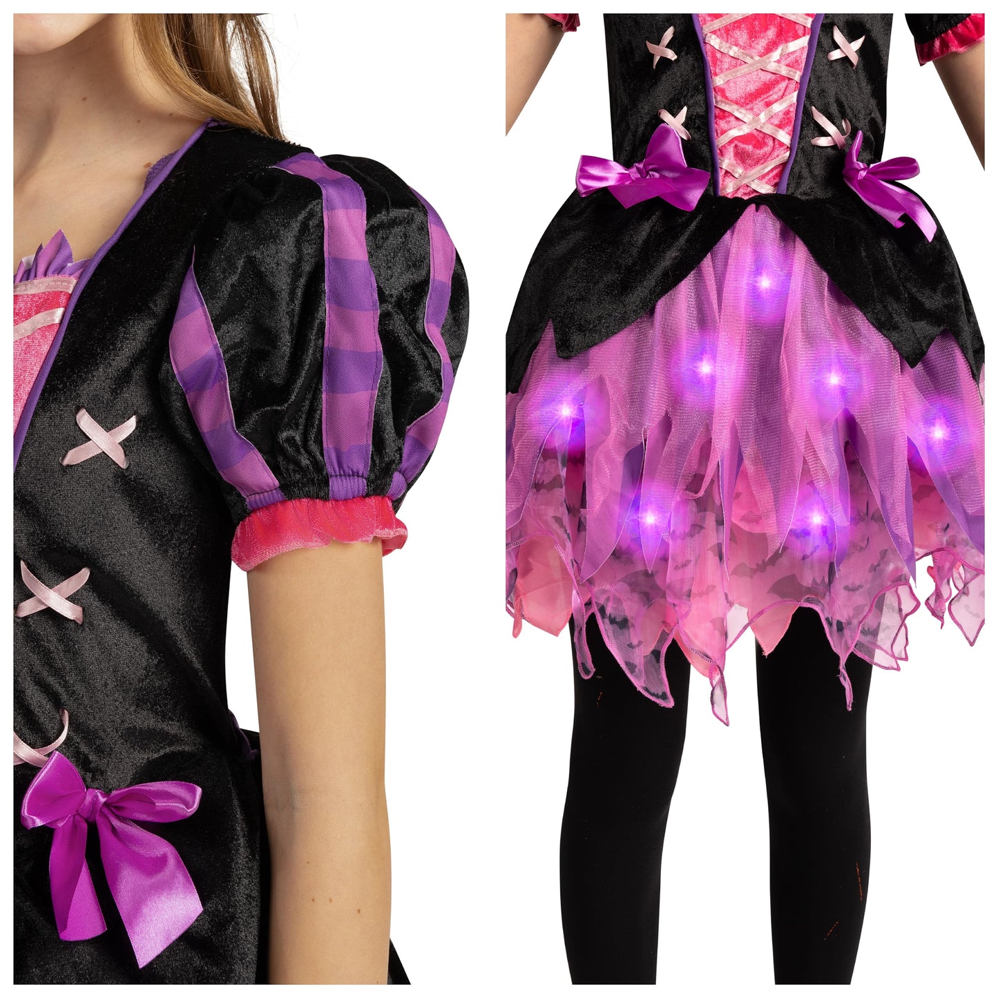 Spooktacular Creations Halloween Child Girls Light Up Pink Witch Costume, Toddlers Tattered Witch Tutu Dress with Broom and Hat for Kids Halloween Themed Parties (Small (5-7yr))
