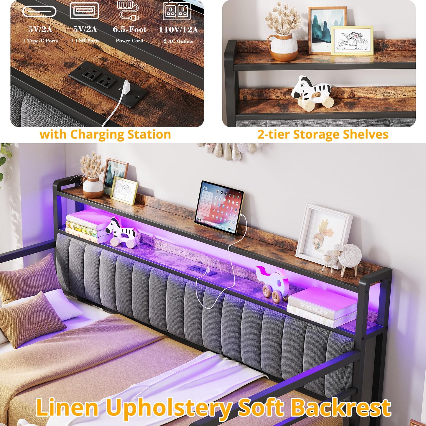 ANCTOR Daybed with Trundle, LED Lights and Charging Station, Twin Size Daybed with 2-Tier Storage Shelves and Upholstered Headboard, Metal Sofa Bed Frame for Living Room, Bedroom, Grey