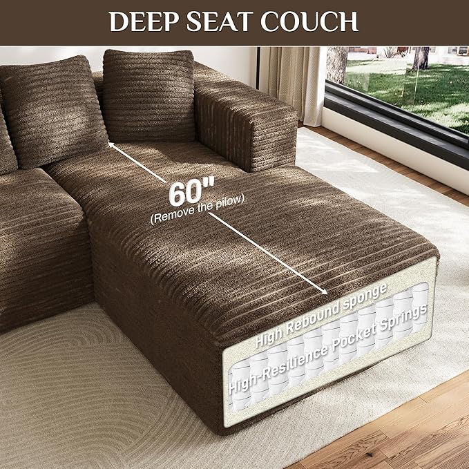 Modular Sectional Sofa, 107" L Shaped Cloud Couch Plush Corduroy Deep Seat Boneless Sofas with 5 Pillows Long Chaise Lounge Couches Memory Foam for Living Room, Brown - Left Facing Chaise