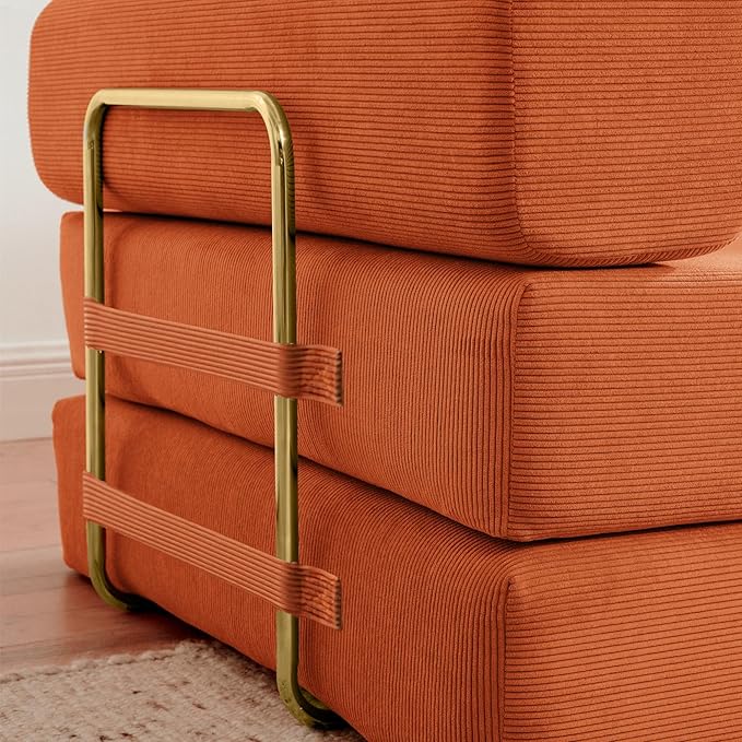 Convertible Couch Sofa Bed Foldable Floor Sleeper | Modern Fold Out Deep Seat Couch | Removable Backrest & Armrests | No Assembly Compression Sofa Sleeper for Living Room, Bedroom | Orange Corduroy