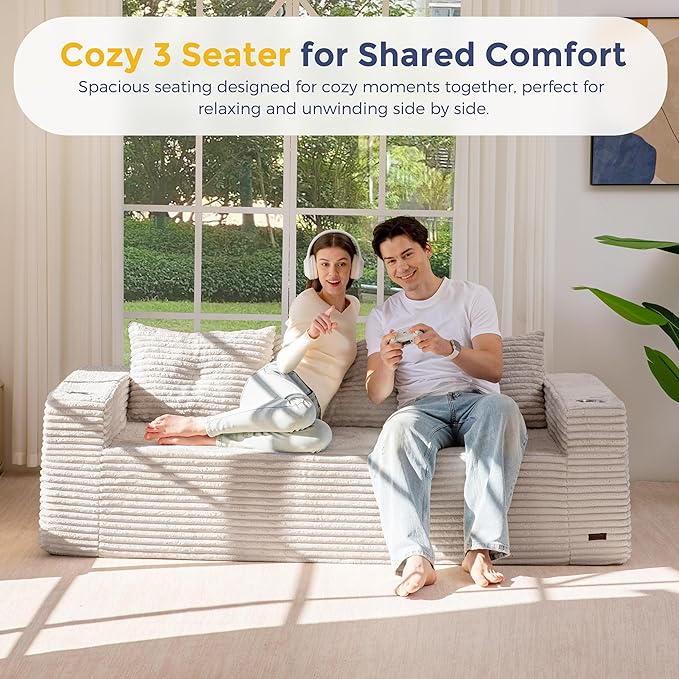 MAXYOYO 79" Oversized Boneless Loveseat Sofa Couch for Small Spaces, Mini Love Seat Floor Couch with Cup Holders and Pillows, 3-Seater Upholstered Cloud Couch for Bedroom, No Assembly Required
