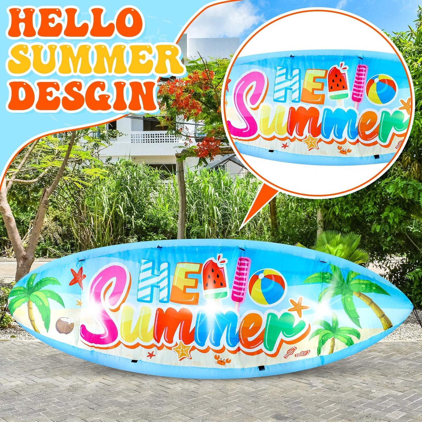 Eyourlife 5 FT Hello Summer Surfboard Inflatable, Outdoor Blow Up Yard Decoration with Built-in 3 LED Lights, Summer Luau Party Decorations for Pool Holiday Garden Lawn Patio Tropical Beach
