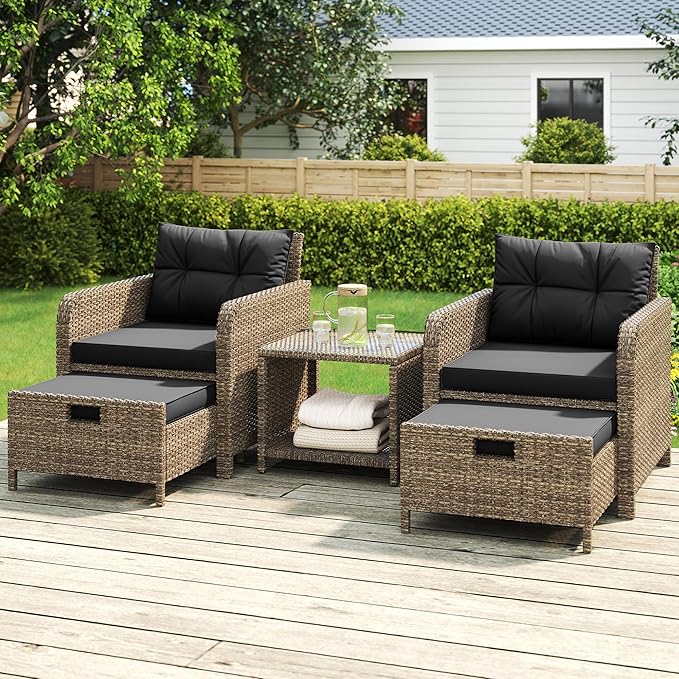 LHBcraft 5 Piece Patio Conversation Set Outdoor Patio Chairs with Ottomans Balcony Furniture with Soft Cushions & Coffee Table for Poolside Garden Balcony (Black Cushion +Yellow Rattan)