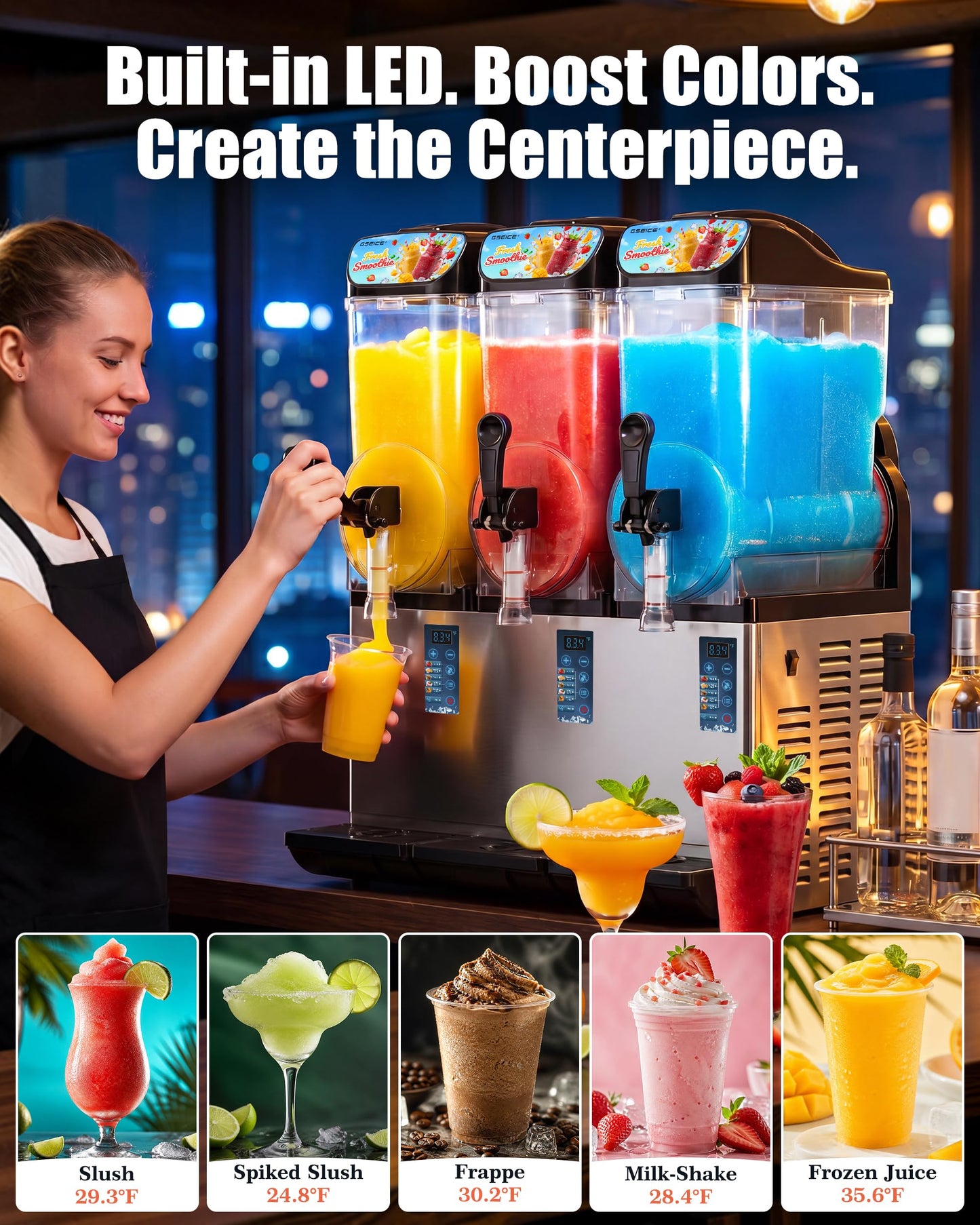 GSEICE Commercial Slushy Machine 12Gal/45L for Cafe Restant,3 Tank Frozen Drink Maker Slushie Margarita Frappe Dispenser