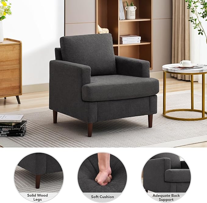 Weture Mid-Century Accent Chair,Modern Linen Fabric Armchair for Living Room,Comfy Upholstered Reading Accent Chairs for Bedroom,Single Sofa Chair with Wood Legs (Dark Grey, 1 Pack)