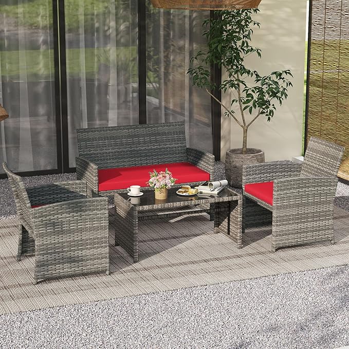 Tangkula 4 Piece Patio Wicker Furniture Set, Outdoor Heavy Duty Rattan Cushioned Chairs, Loveseat and Tempered Glass Coffee Table, for Backyard, Balcony, Poolside