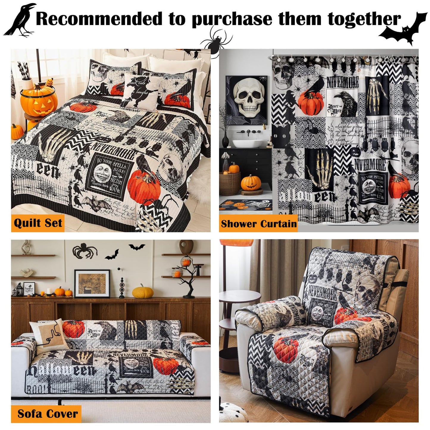 EVENHUG Halloween Theme King Size Quilt Bedding Set with 3 Pillow Shams Lightweight Soft Bedspread Coverlet Halloween Holiday Bed Cover for Bedroom Home Decoration 104x90 Inch