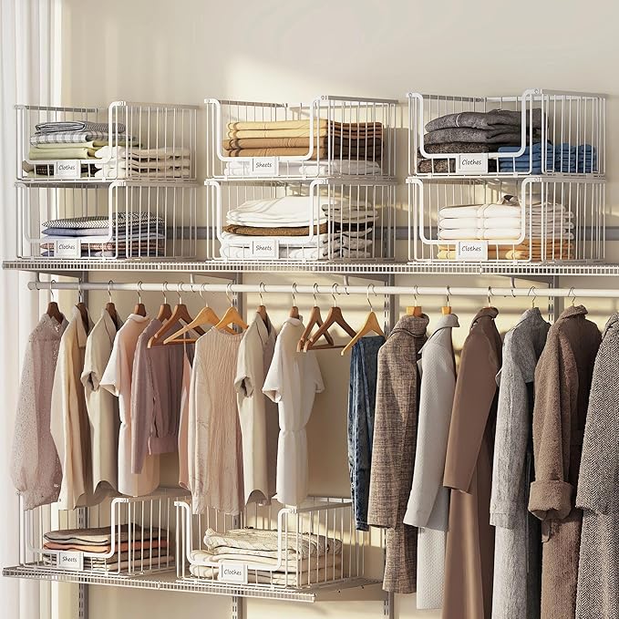 3-Tier Stackable Closet Organizers and Storage, Clothes Shelf Organizer, Foldable Wire Basket Bins, Sweater Storage for Closet and Pantry,11.8" D x 15.7" W,White