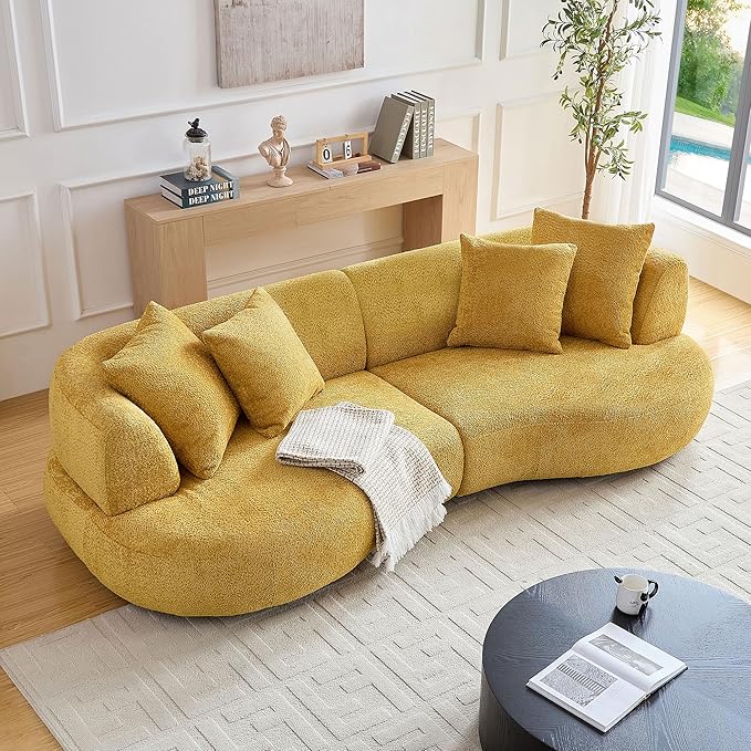 KEIKI 102" Curved Oversized Boucle Modular Sectional Sofa with 4 Throw Pillows, Mid-Century 4-Seater Upholstered Corner Plush Comfy Couch, Easy Assembly, for Apartment, Living Room, Yellow