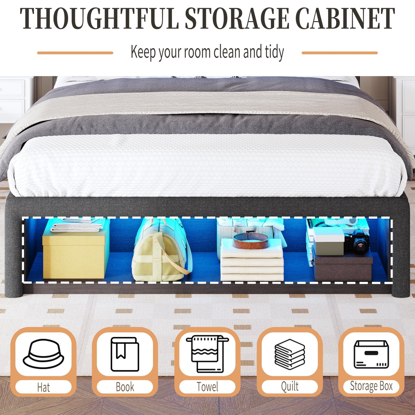 ChicZhiNest Queen Bed Frame with Storage Headboard & Charging Station, LED Light, 2 Storage Drawers & Cabinet, Upholstered Platform Bed with Sturdy Wooden Slats, Noise-Free, No Box Spring, Dark Grey