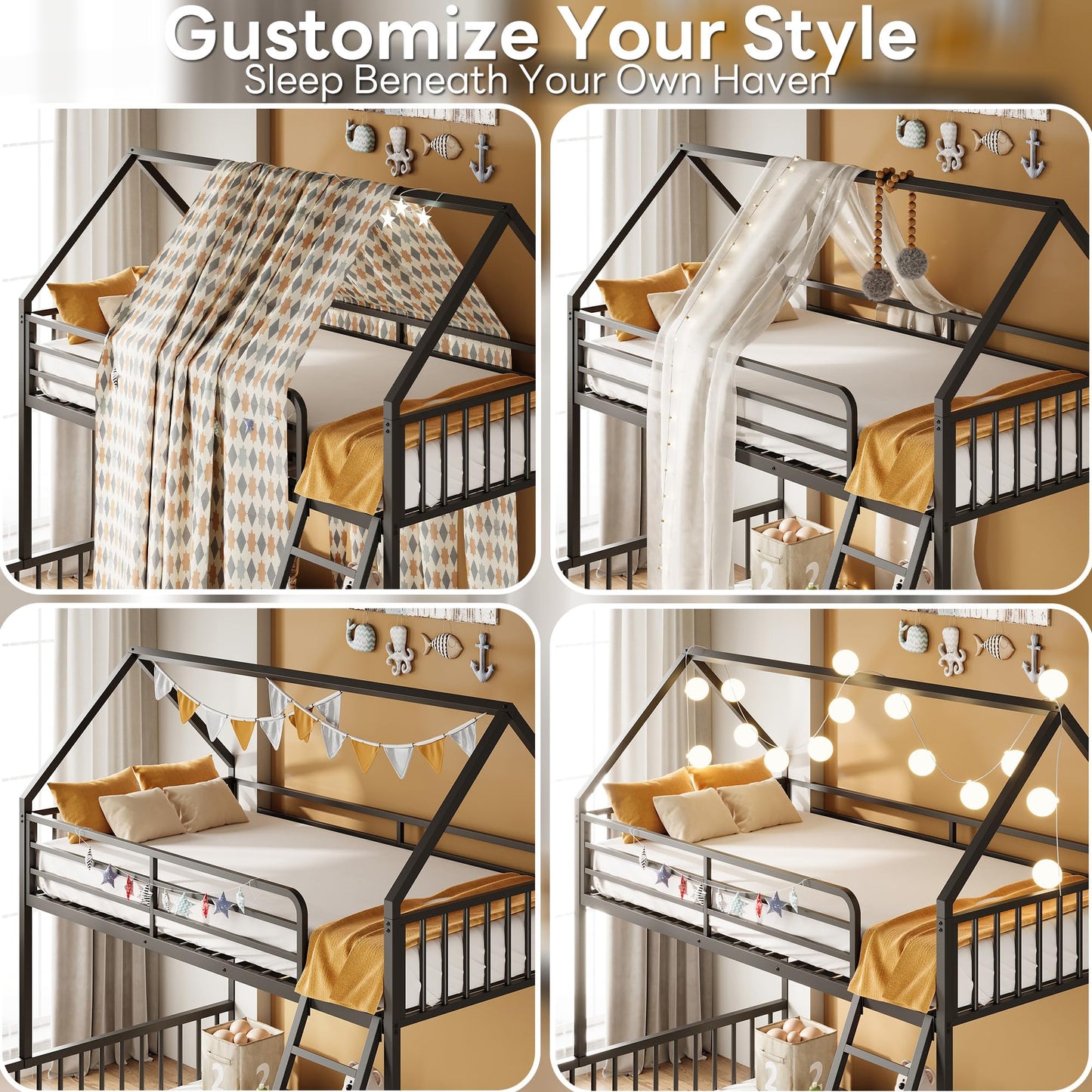 LIKIMIO Bunk Bed Twin Over Full Size, House Bunk Bed Frame with Ladder and Guardrail, House Shaped with Metal Slats Support No Box Spring Needed Space Saving for Bedroom and Dorm, Black