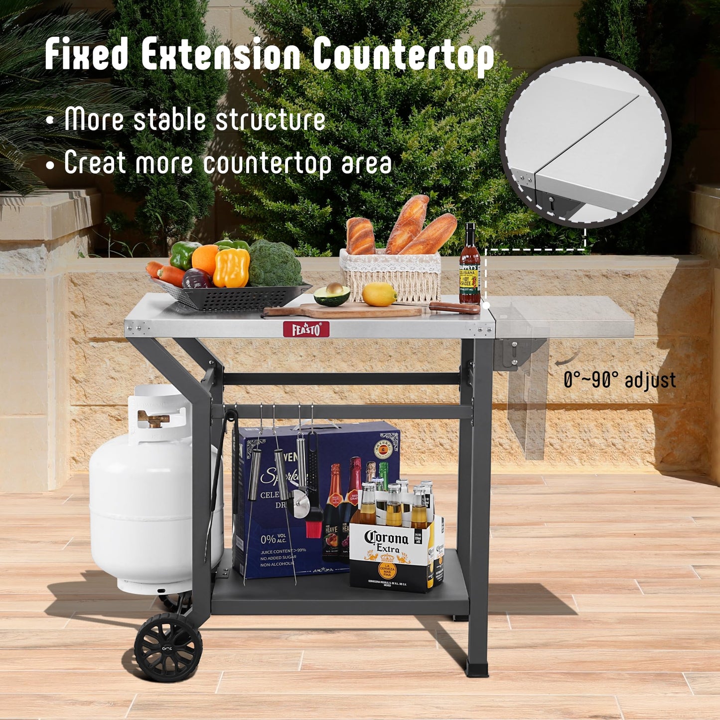 Feasto Movable Grill Table with Folding Side Table, Pizza Oven Table as BBQ Food Prep Cart with Undershelf for Outdoor & Indoor Use, 43" L x 20" W Stainless Steel Tabletop, Grey