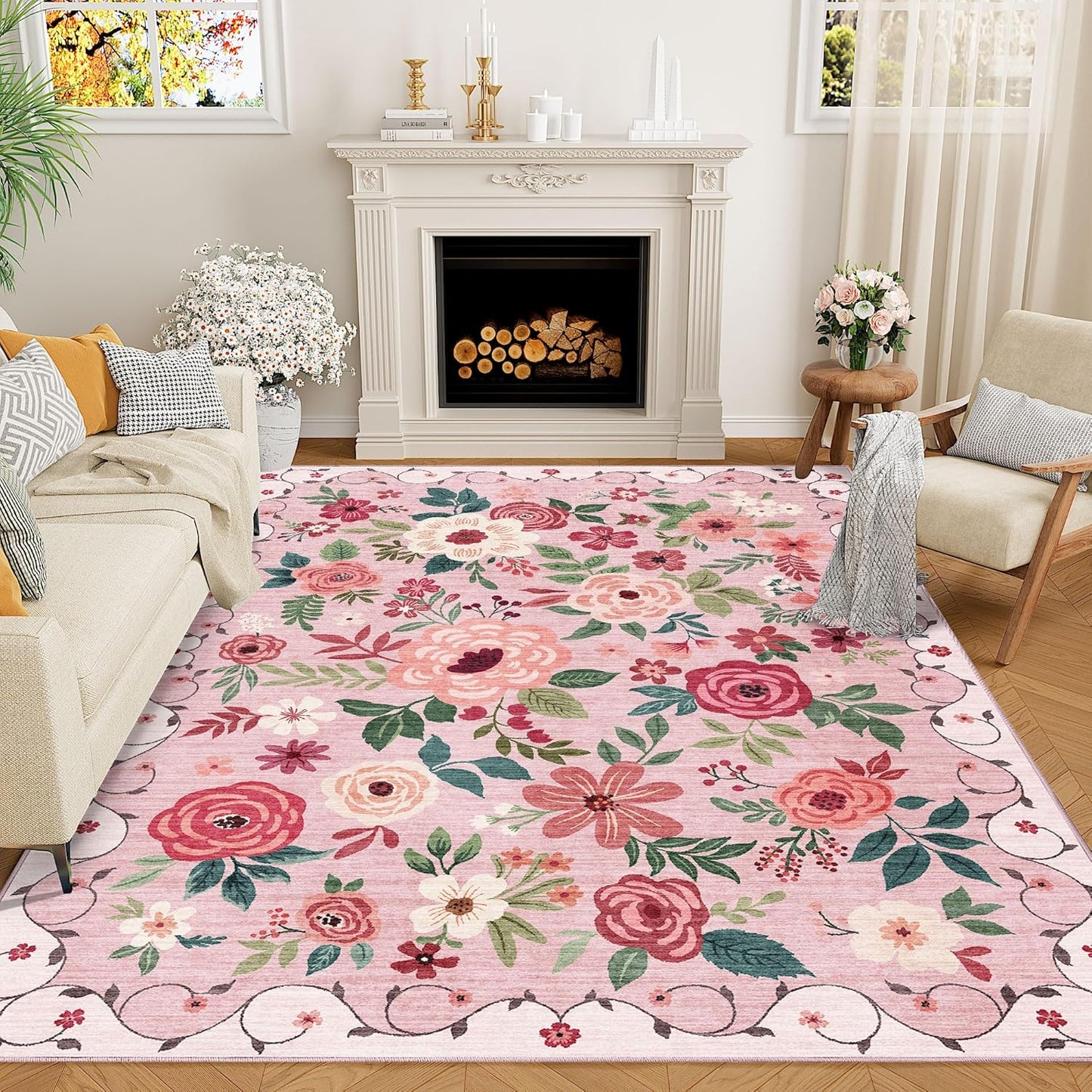 DUKINO 6x9 Area Rug, Floral Rugs for Living Room, Lightweight Non Slip Washable Rug, Indoor Low Pile & Non-Shedding Boho Design Rugs for Bedroom, Living Room, Dining Room, Pink